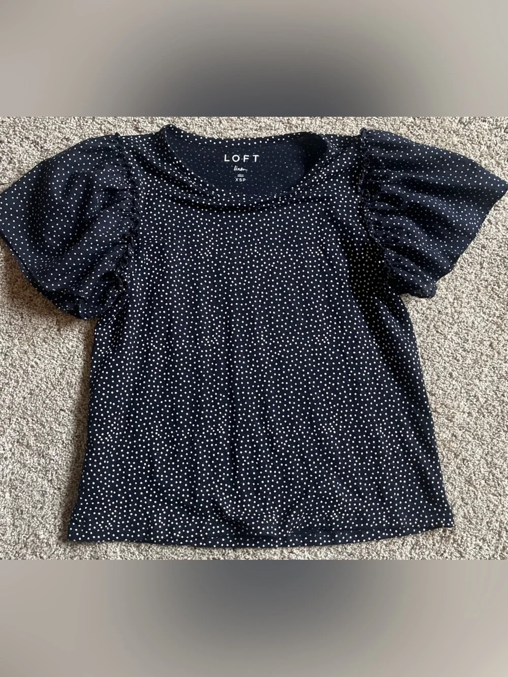 LOFT Linen Navy Polka Dot Puff Sleeve Blouse